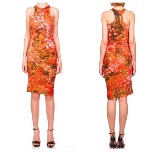McQ by Alexander McQueen Dresses & Skirts - McQ by Alexander McQueen Floral Print Dress Ruched Orange Women’s Sz Small